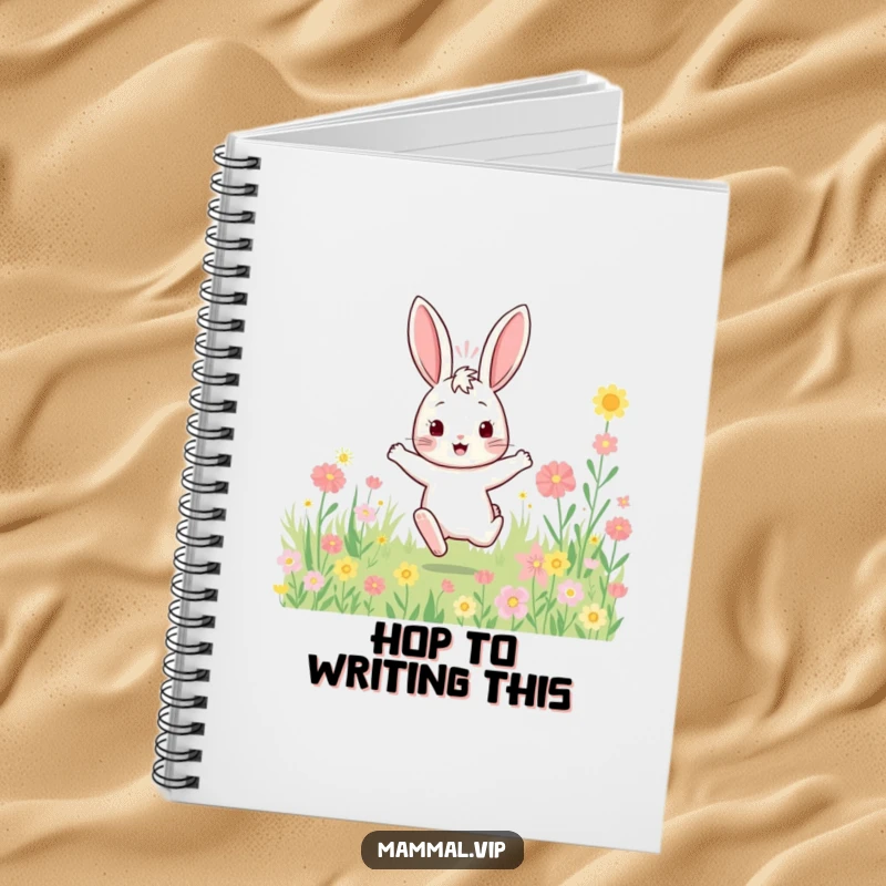 Funny bouncy rabbit notebook with a character enthusiastically hopping through a flower field, perfect for journaling and creative ideas.