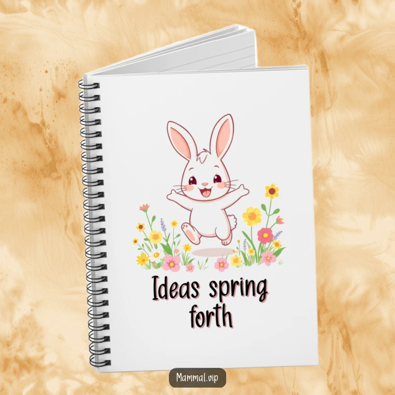 Funny notebook featuring a bouncy rabbit character hopping enthusiastically in a field of flowers, perfect for bright ideas.