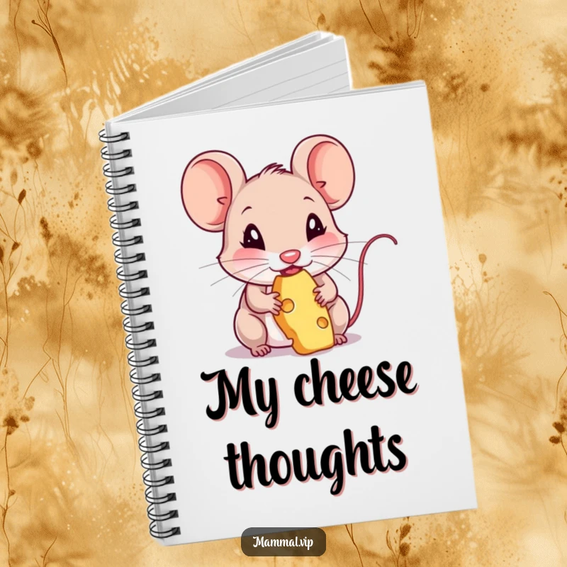 Funny notebook with a mouse character happily nibbling on cheese. Humorous journal for notes and doodles.