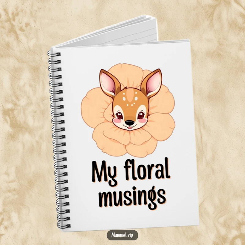 Funny deer peeking from behind a flower notebook, featuring a curious character among blooms, great for notes and a funny gift.