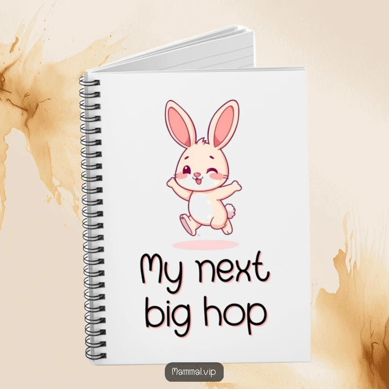 Funny bunny character playfully hopping with excitement, on a lined notebook for cute ideas.