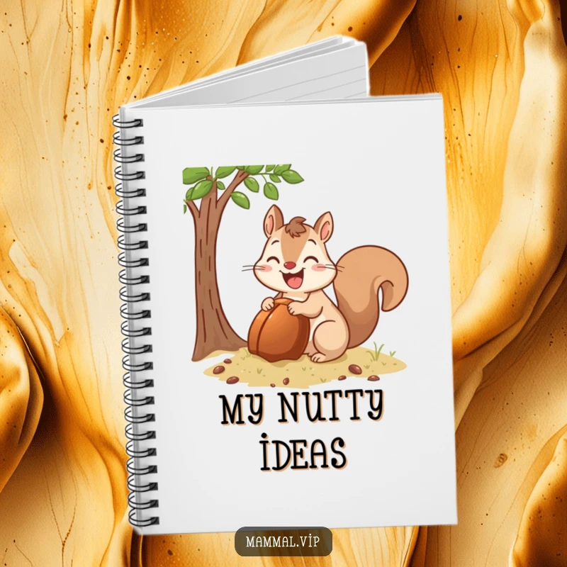 Funny Notebook cover depicting a happy squirrel character burying a giant acorn, encouraging organized note-taking and planning.
