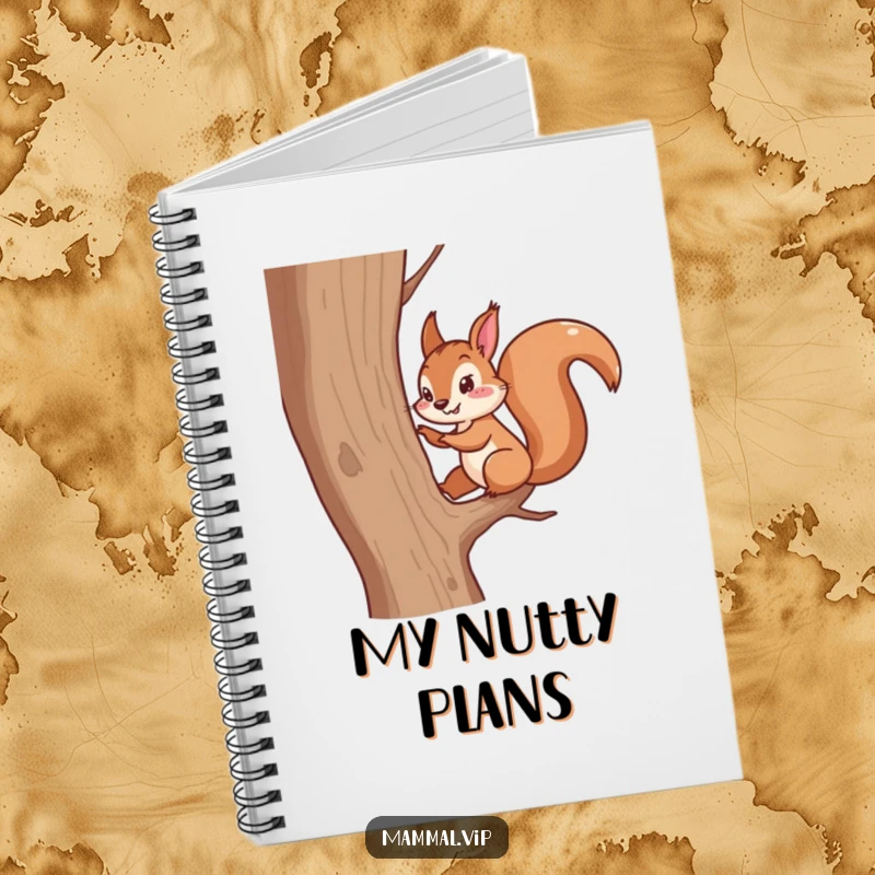 Funny notebook with an energetic squirrel character scampering up a tree. Humorous journal for notes.