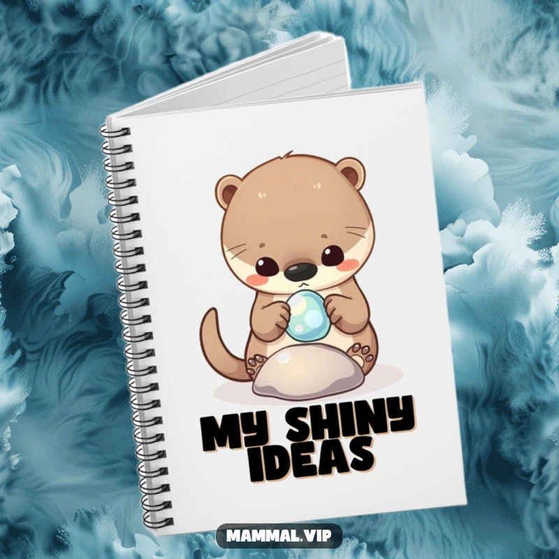 Funny Notebook cover featuring a curious otter character playing with a shiny, floating pebble, inspiring creative writing.