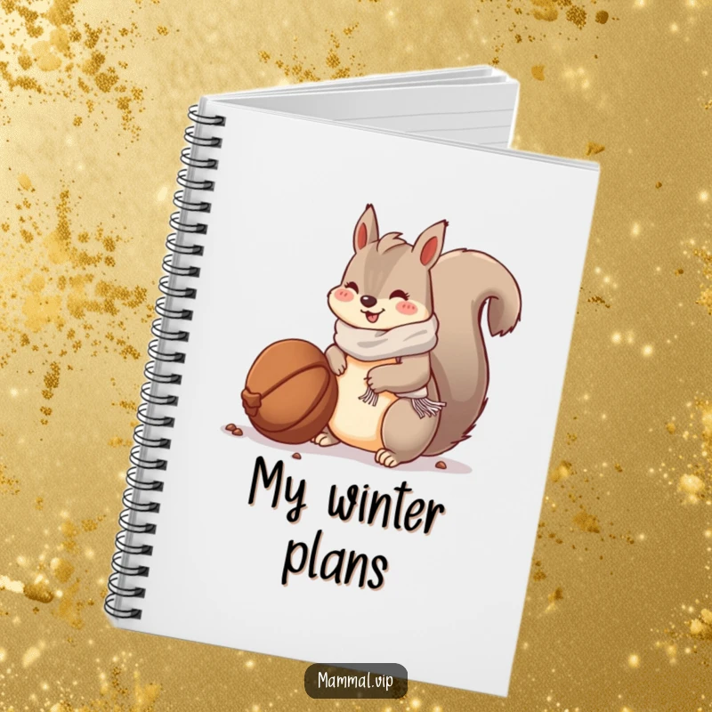 Funny notebook: a squirrel with a scarf burying a big nut, perfect for jotting down winter plans.