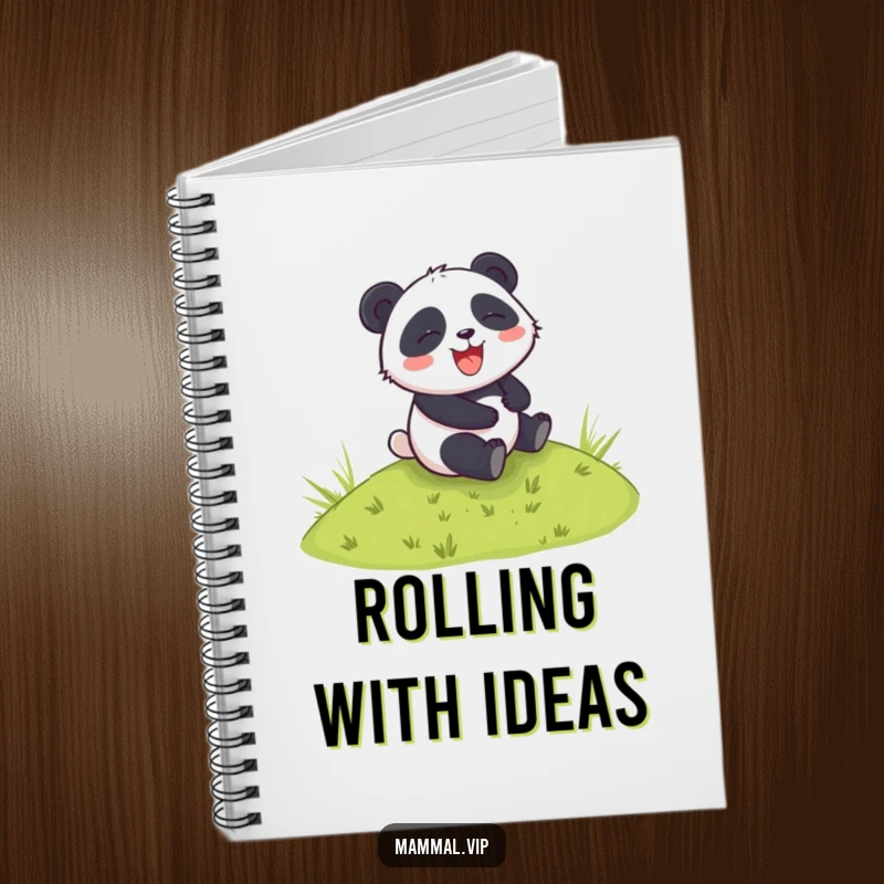 Funny notebook with a panda character rolling down a grassy hill, perfect for capturing funny thoughts and creative inspiration.