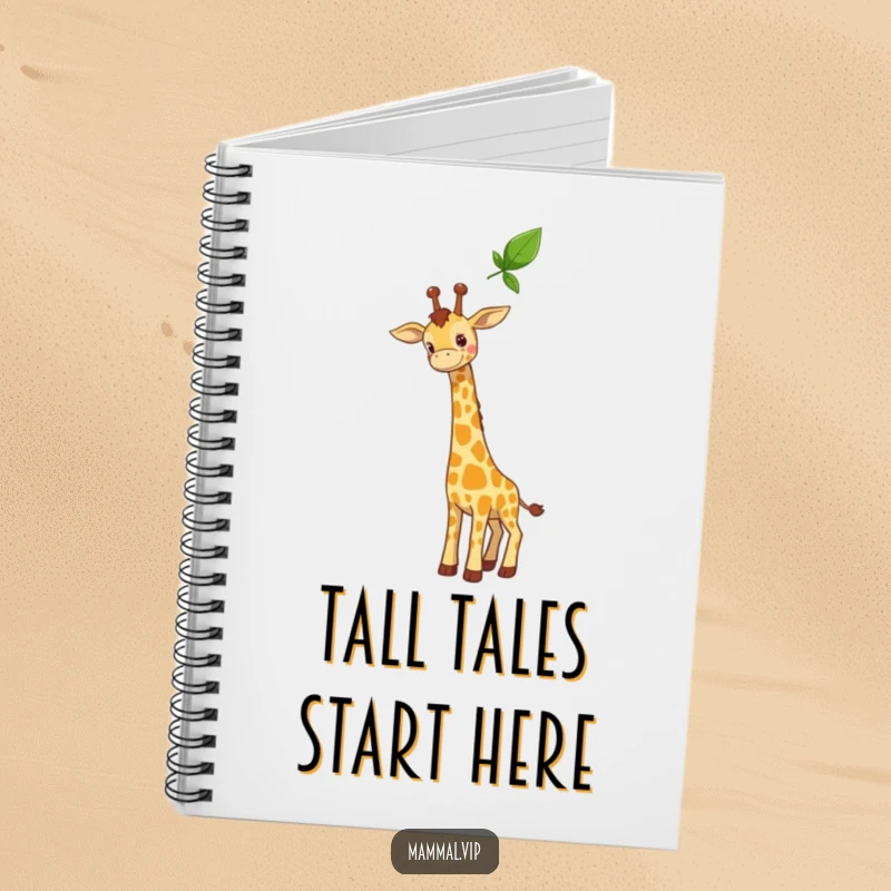 Funny notebook with a curious giraffe character stretching its long neck towards a high leaf, encouraging ambitious thoughts and detailed planning.