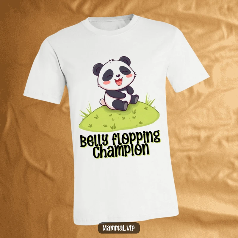 Funny t-shirt depicting a happy panda character gleefully rolling down a grassy slope in a moment of pure, infectious laughter.