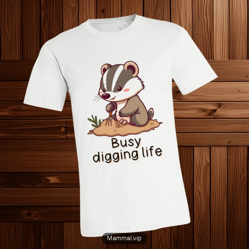 Funny energetic badger t-shirt featuring a determined character digging enthusiastically in soft soil, representing hard work and drive.