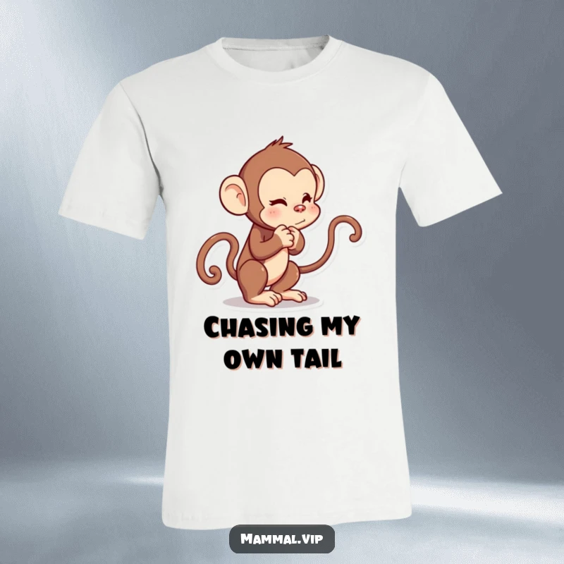 Funny t-shirt with a curious cartoon monkey playfully pulling its own tail, exuding mischief and fun.