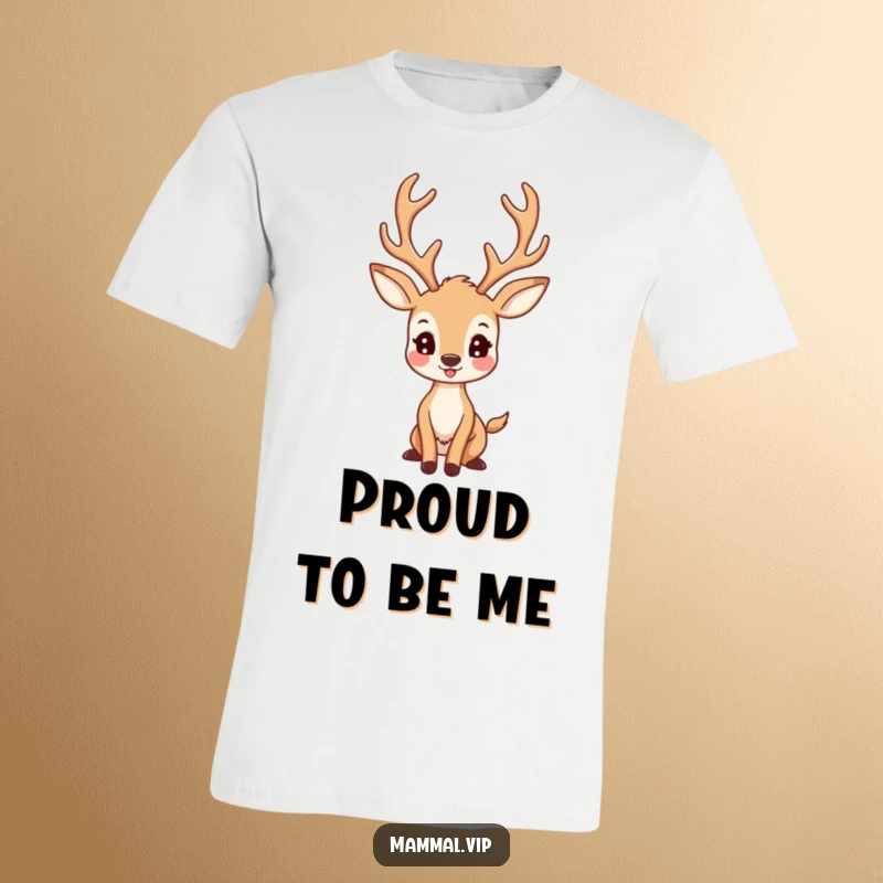 Funny Deer T-Shirt: A happy deer character flaunting large antlers while posing proudly, strong and cheerful.