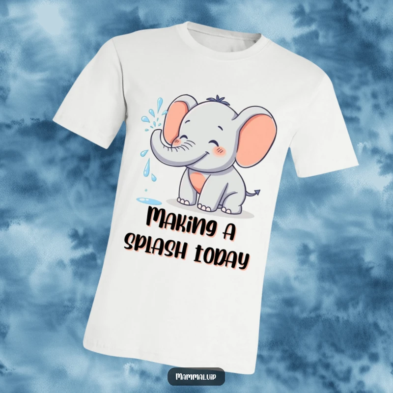 Funny T-Shirt showcasing a grinning elephant character joyfully spraying water from its trunk, symbolizing carefree fun and a playful personality.