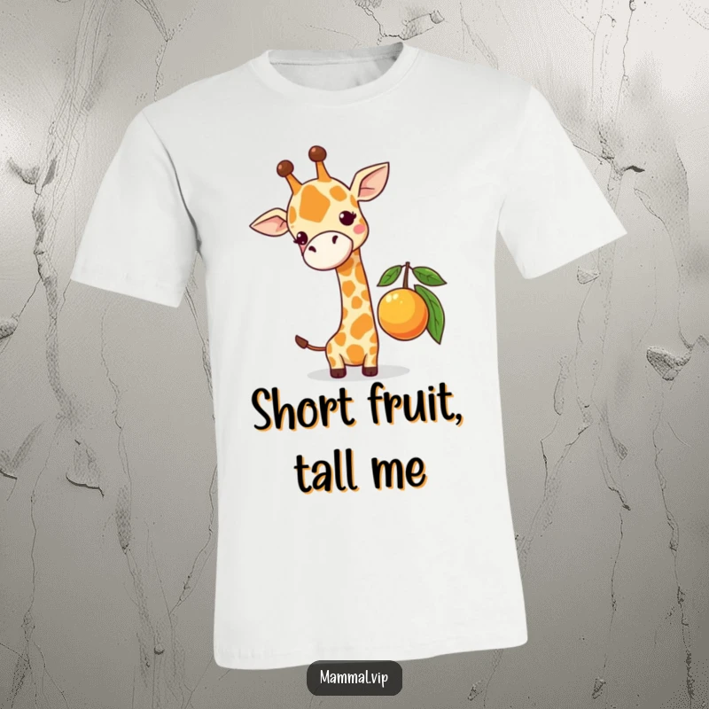 Funny t-shirt with a cute giraffe character comically attempting to reach a low-hanging fruit, emphasizing humorous struggle and determination.