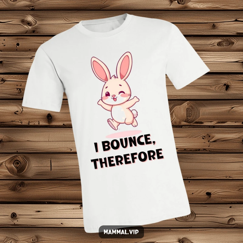 Funny bunny character playfully hopping with enthusiasm, printed on a funny t-shirt.
