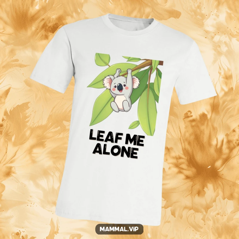 Funny t-shirt showcasing a happy koala hanging upside down from a huge eucalyptus leaf, embodying a relaxed and joyful mood.