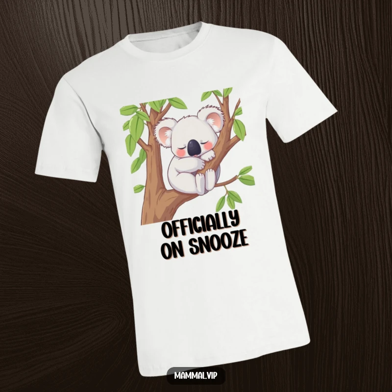 Funny T-Shirt showcasing a content koala character peacefully snoozing on a tree branch, representing ultimate relaxation and a carefree attitude towards life.
