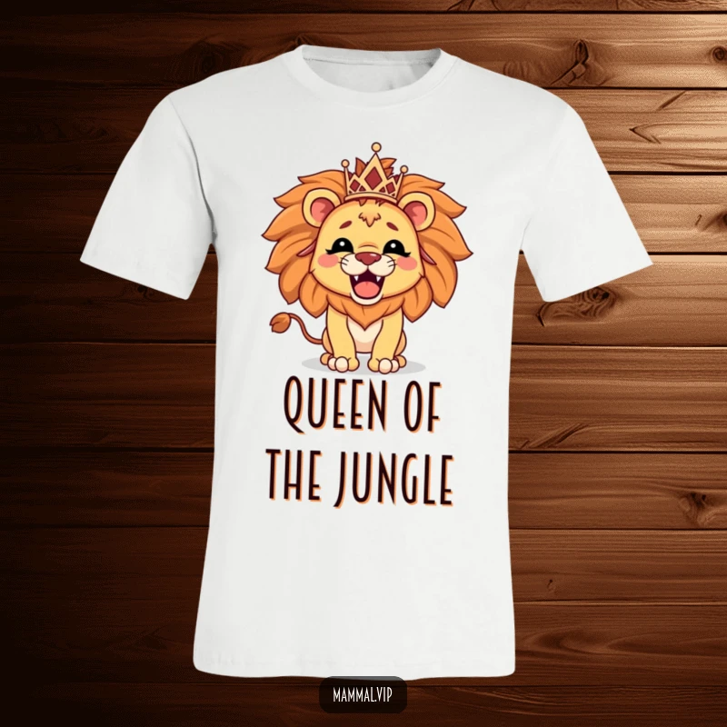 Funny t-shirt featuring a proud lion character wearing a tiny tiara and roaring, a symbol of strength and fun.