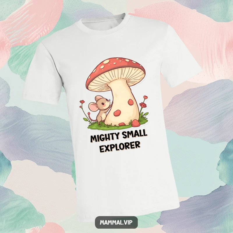 Funny t-shirt with a tiny mouse character excitedly exploring a giant mushroom, perfect for fantasy and adventure lovers.