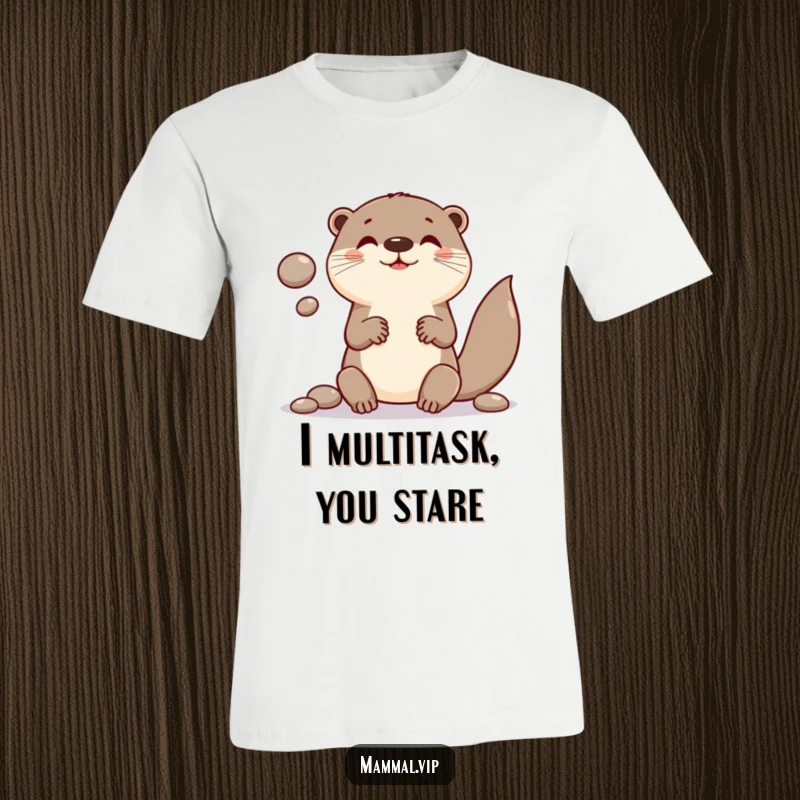 Funny t-shirt showcasing a happy otter character expertly juggling a pile of smooth, round pebbles, radiating pure joy.