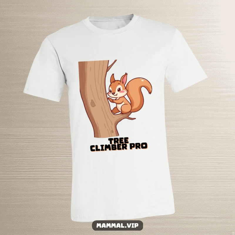 Funny t-shirt depicting a squirrel character rapidly scampering up a tree. Energetic and humorous nature apparel.