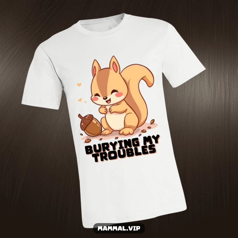 Funny t-shirt with a playful squirrel character chattering while burying an acorn, perfect for nature lovers.