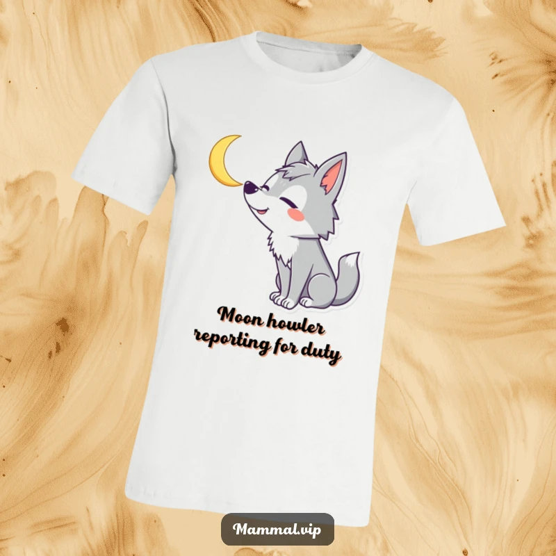 Funny Wolf T-Shirt: Goofy wolf character howling with a big smile at a crescent moon, radiating joy and playful energy.
