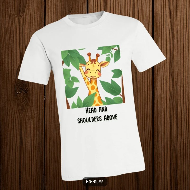 Funny T-Shirt showcasing a joyful giraffe character happily reaching for high leaves, representing determination and a positive outlook on goals.