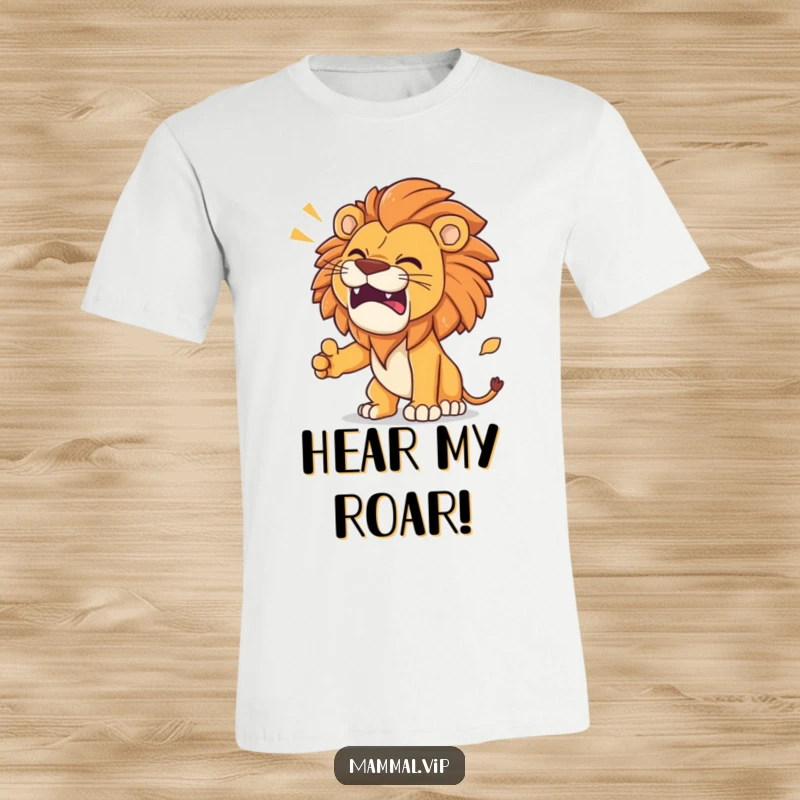 Funny Lion T-Shirt featuring a determined lion mid-roar with comical sound effects emanating from its mouth.