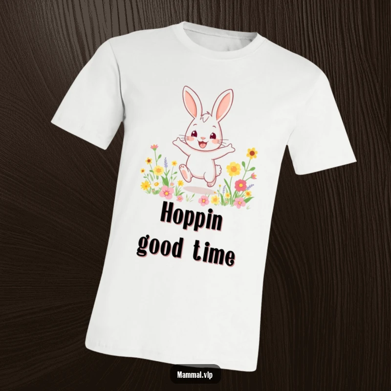 Funny t-shirt with a bouncy rabbit character enthusiastically hopping in a field of vibrant flowers, showcasing pure delight.
