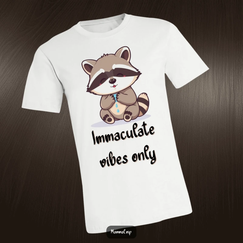 Funny raccoon t-shirt displaying a charming raccoon character diligently washing its paws, looking both focused and a little comical.