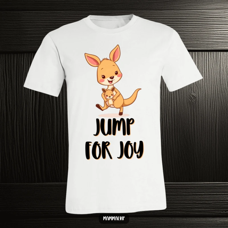 Funny kangaroo t-shirt with an energetic character and joey hopping, ideal for active individuals and lovers of cute, playful animal designs.
