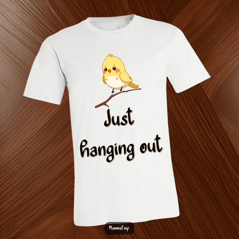 Funny t-shirt depicting a chirpy bird character balancing on a thin branch, a symbol of cheerful resilience.