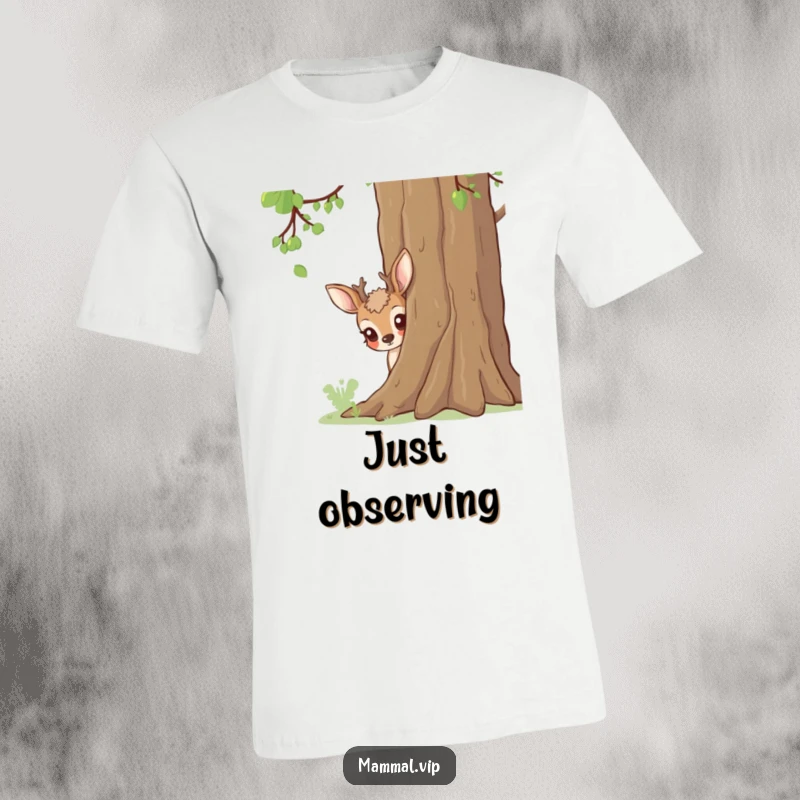 Funny deer peeking from behind a tree, a whimsical and humorous t-shirt.