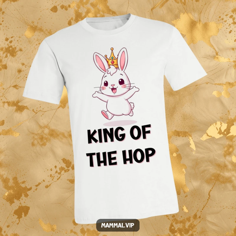 Funny T-shirt: a happy rabbit with a crown, captured mid-hop, exuding infectious enthusiasm.