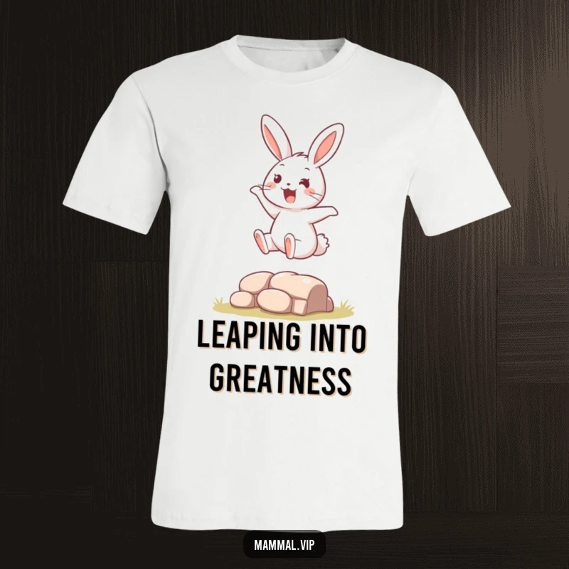 Funny T-Shirt showcasing a bouncy rabbit character mid-air, excitedly leaping over a small obstacle with a huge smile.