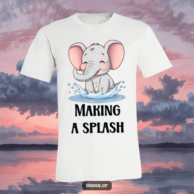 Funny Elephant T-Shirt portraying a happy elephant mid-splash with water flying, a humorous graphic tee for a good laugh.
