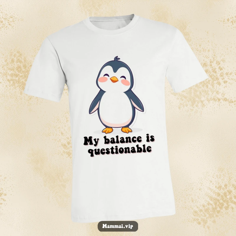 Funny t-shirt depicting a wobbly penguin character struggling to maintain balance, a humorous take on everyday challenges.