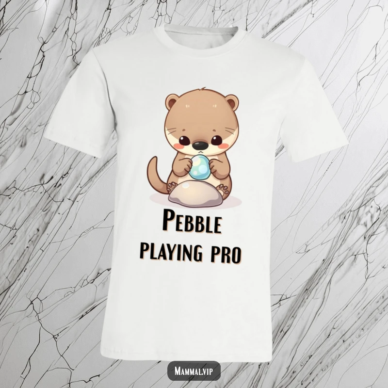 Funny T-Shirt displaying a curious otter character joyfully interacting with a shiny, floating pebble, radiating happiness.