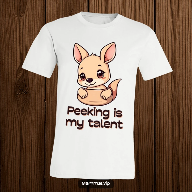 Funny Kangaroo T-Shirt with a curious kangaroo peeking out from its pouch, featuring wide, expressive eyes.