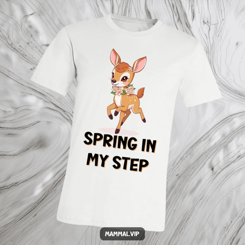 Funny deer fawn with a flower garland, prancing gleefully on a t-shirt. A cheerful and funny gift.