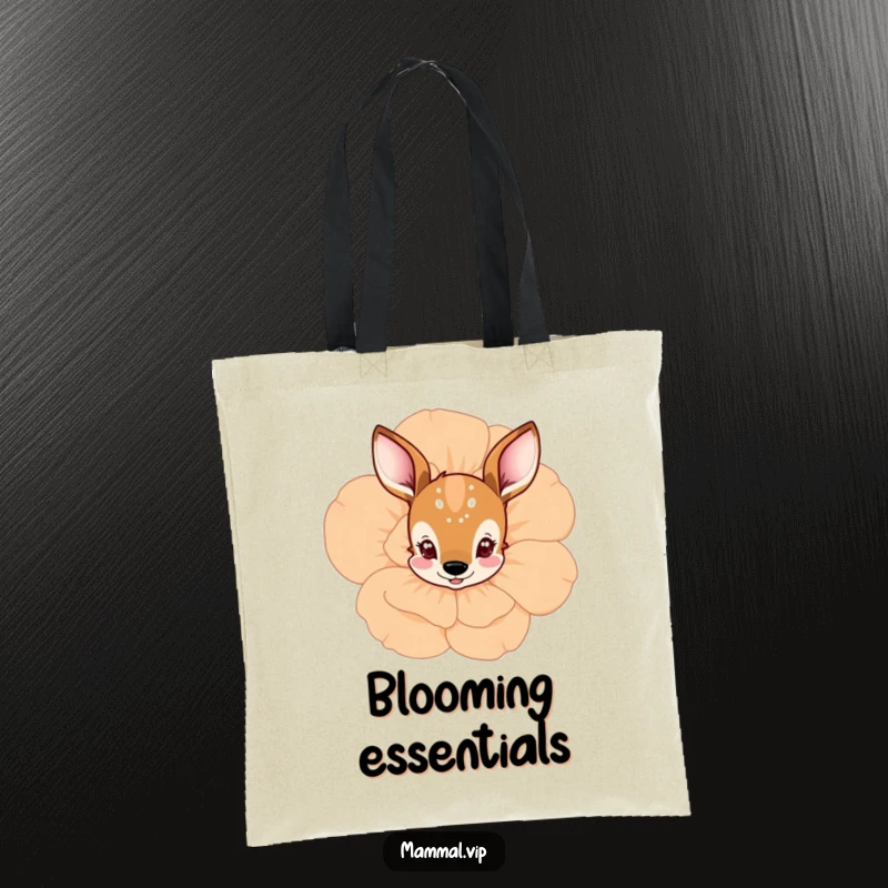 Funny deer peeking from behind a flower tote bag, with a curious character amongst blooms, practical and a funny gift.