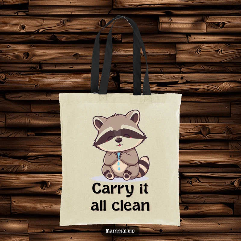 Funny raccoon tote bag with a delightful illustration of a raccoon character washing its paws, symbolizing clean fun and a good laugh.