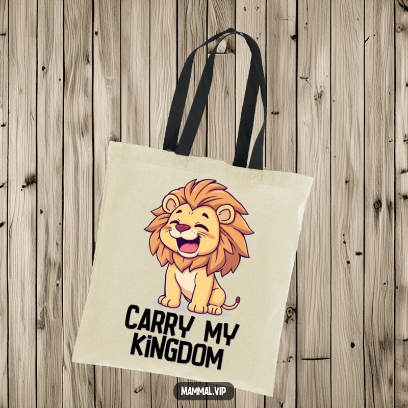 Funny Lion Tote Bag: A proud lion joyfully roars and shakes its mane, perfect for carrying your essentials with majestic flair.