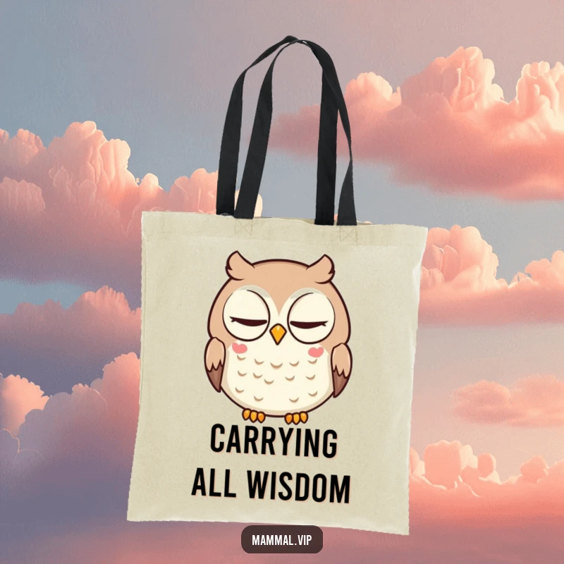 Funny tote bag with a round, intelligent owl character giving a slow blink. A humorous and practical accessory.