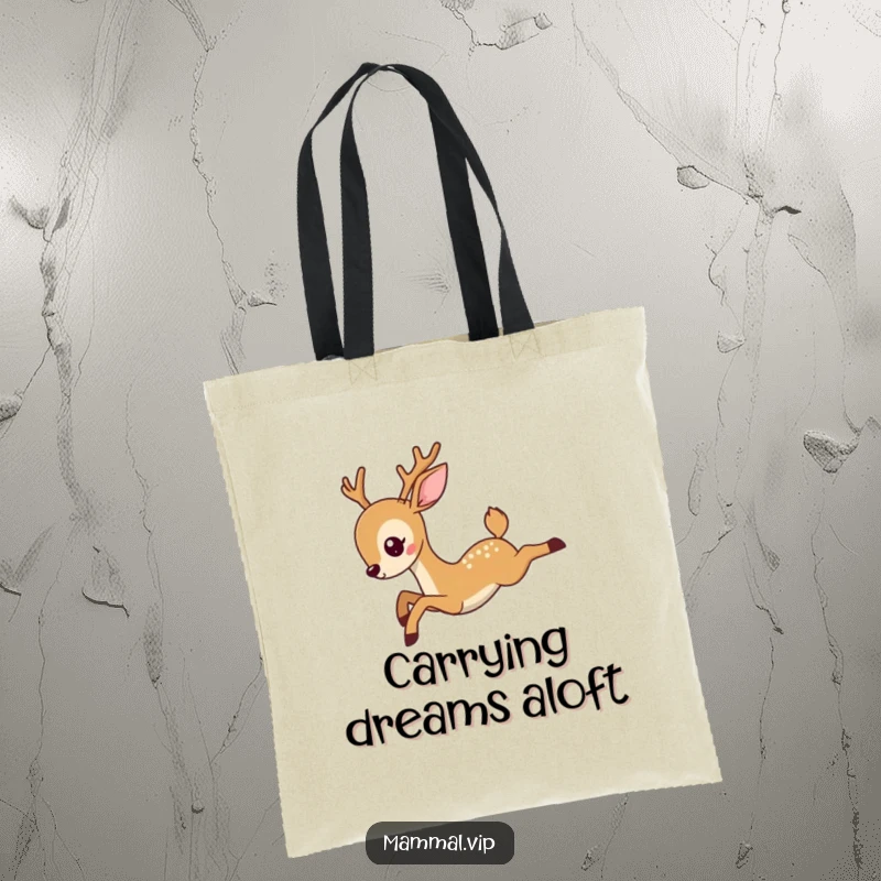 Funny deer tote bag with a beautiful illustration of a deer character in a graceful leap, symbolizing freedom and humorous elegance for daily use.