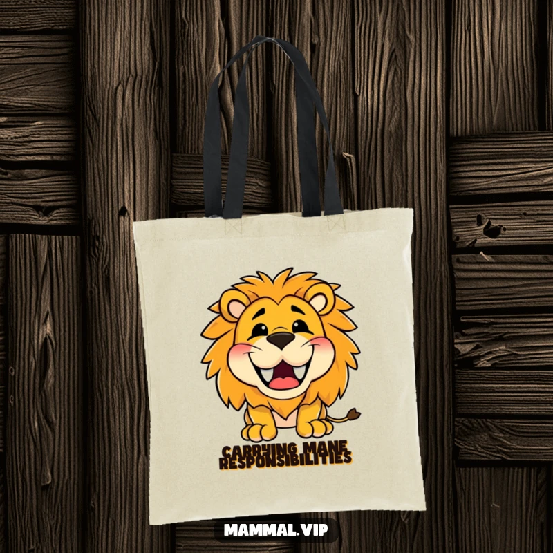 Funny tote bag depicting a happy lion character roaring with a wide, toothy grin, symbolizing playful strength and loud happiness.