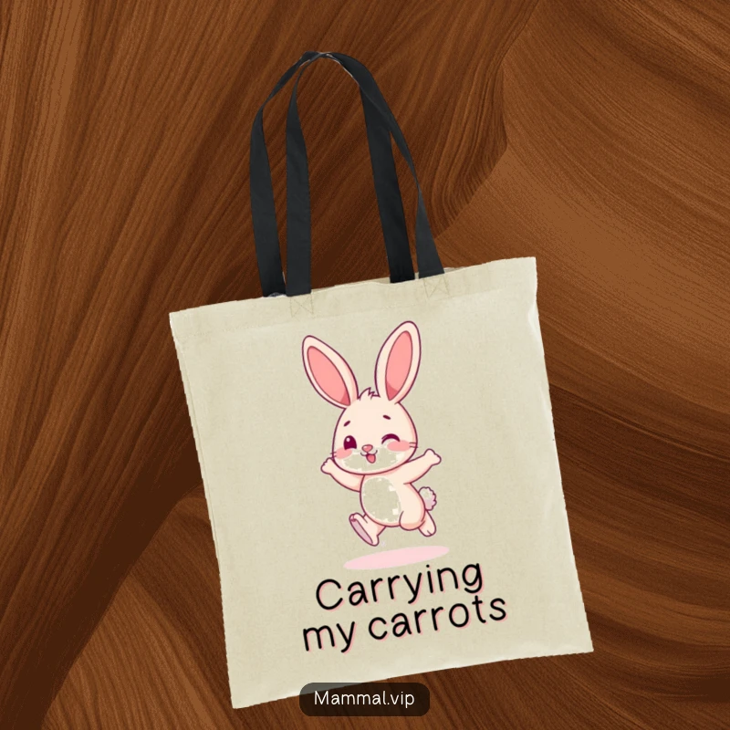 Funny bunny character playfully hopping with excitement, on a reusable and funny tote bag.