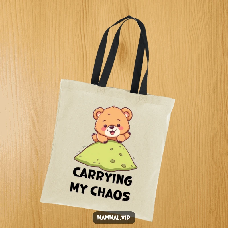Funny tote bag decorated with a cheerful bear cub character hilariously tumbling down a hill, ideal for carrying essentials with humor.