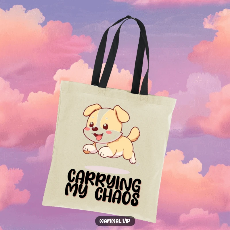 Funny dog chasing tail tote bag, a canvas bag showing a dog chasing its tail, perfect for pet owners.