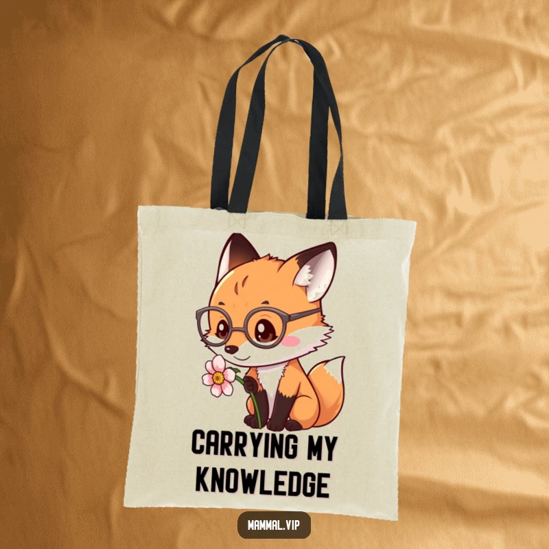 Funny fox with spectacles, looking at a flower on a tote bag. A stylish and funny gift.